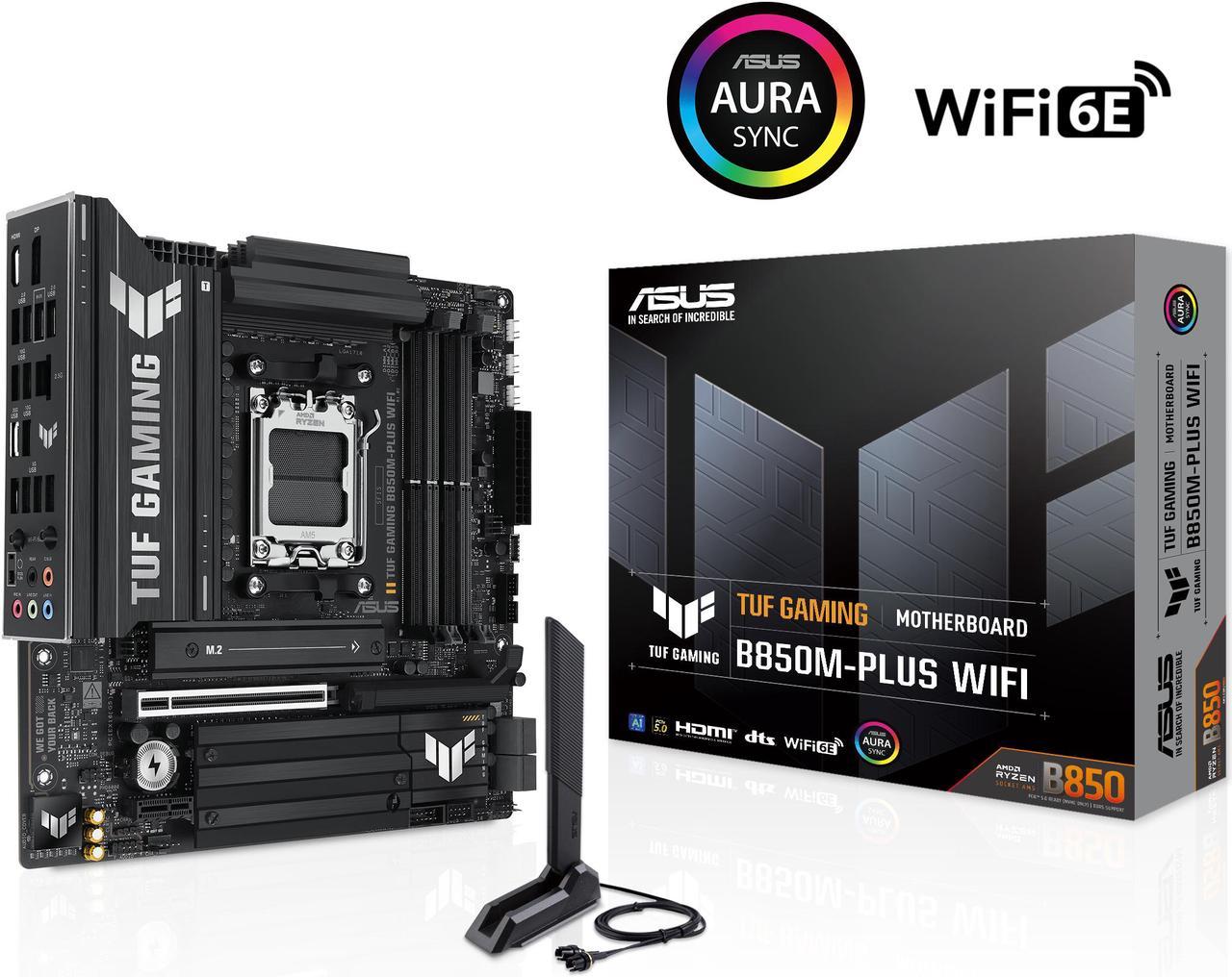 ASUS TUF GAMING B850M-PLUS WIFI AMD AM5 B850 mATX motherboard, 14+2+1 80A DrMOS stages, DDR5, PCIe 5.0, 3x M.2, Wi-Fi 6E, 2.5Gb LAN, DP, HDMI, USB 10Gbps & 20Gbps Type-C, BIOS FlashBack, Aura Sync