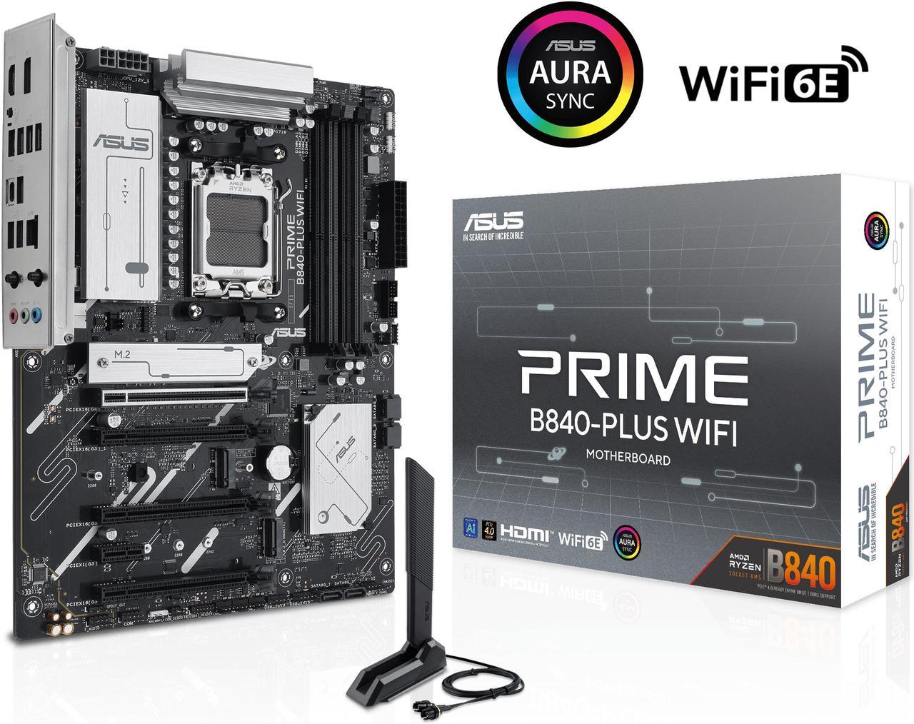 ASUS PRIME B840-PLUS WIFI AMD AM5 B840 ATX motherboard, Advanced AI Ready, DDR5, PCIe 4.0, 3x M.2, Wi-Fi 6E, 2.5Gb LAN, DisplayPort, HDMI, USB 10Gbps Type-A & Type-C, BIOS FlashBack, Aura Sync RGB