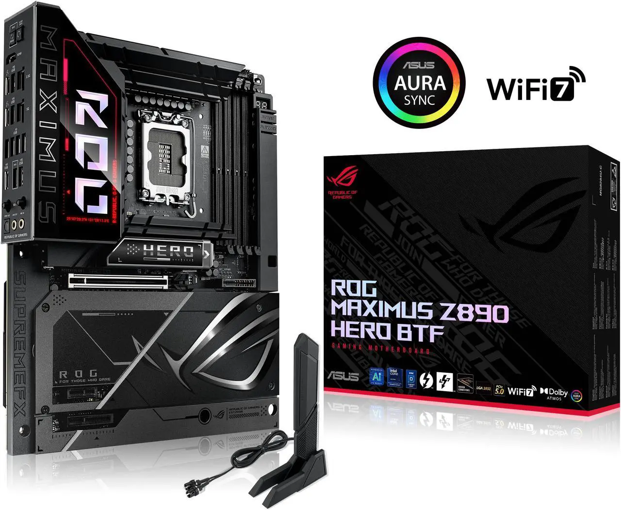 Main image of ASUS ROG MAXIMUS Z890 HERO BTF Z890 LGA 1851 ATX motherboard, hidden-connector design, Advanced AI PC Ready, 22+1+2+2 stages, DDR5, WiFi 7, 2.5G LAN, 6x M.2, PCIe 5.0, Thunderbolt™ 4, USB Type-C®, AI OC
