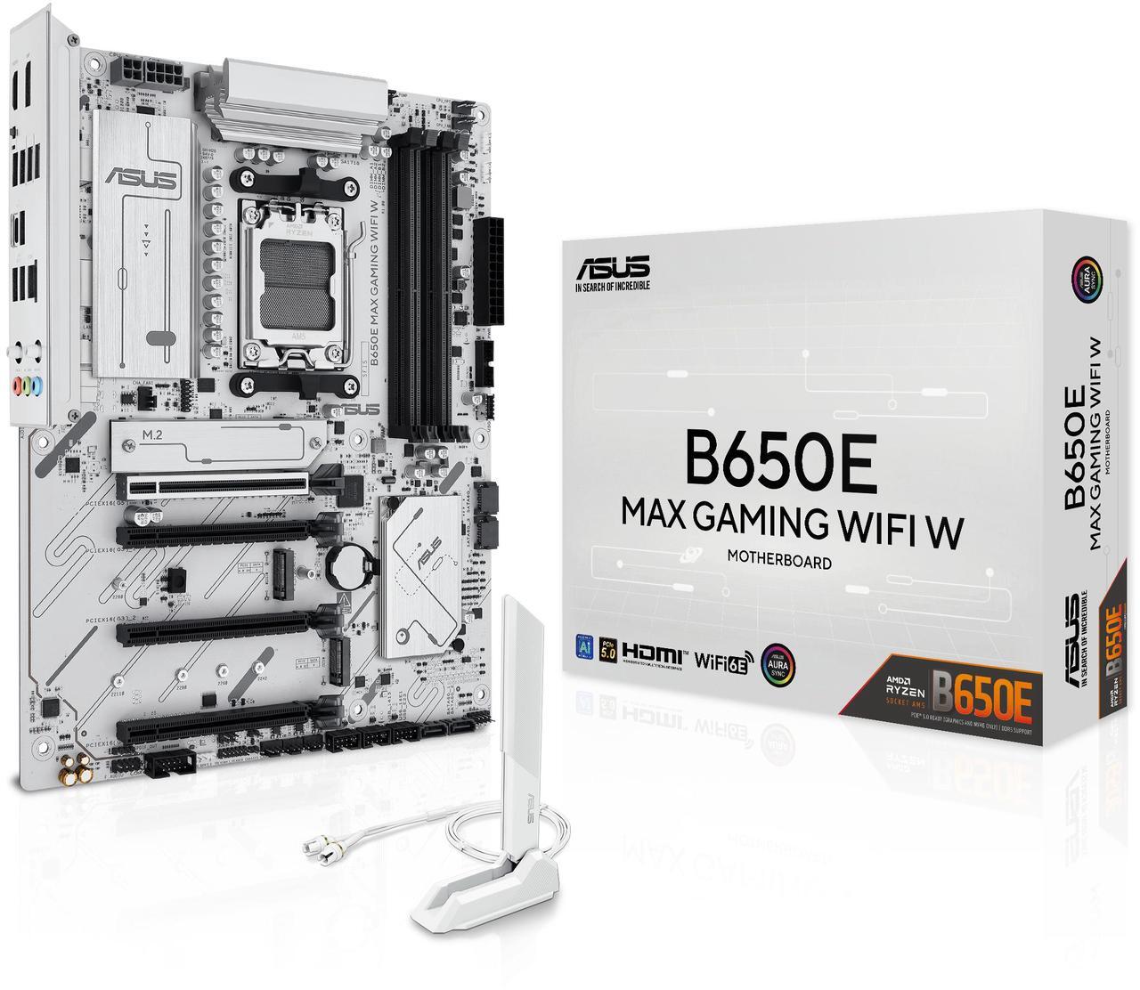 Main image of ASUS B650E MAX GAMING WIFI W - AMD B650 AM5 ATX Motherboard, White PCB, DDR5, PCIe 5.0, 3x M.2, Wi-Fi 6E, 2.5Gb LAN, USB 10Gbps Type-C, DisplayPort, HDMI, BIOS FlashBack, Aura Sync, Advanced AI PC