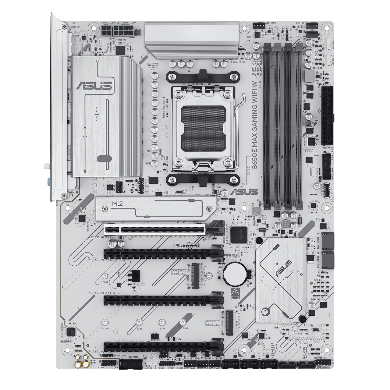 Alt view image 2 of 11 - ASUS B650E MAX GAMING WIFI W - AMD B650 AM5 ATX Motherboard, White PCB, DDR5, PCIe 5.0, 3x M.2, Wi-Fi 6E, 2.5Gb LAN, USB 10Gbps Type-C, DisplayPort, HDMI, BIOS FlashBack, Aura Sync, Advanced AI PC