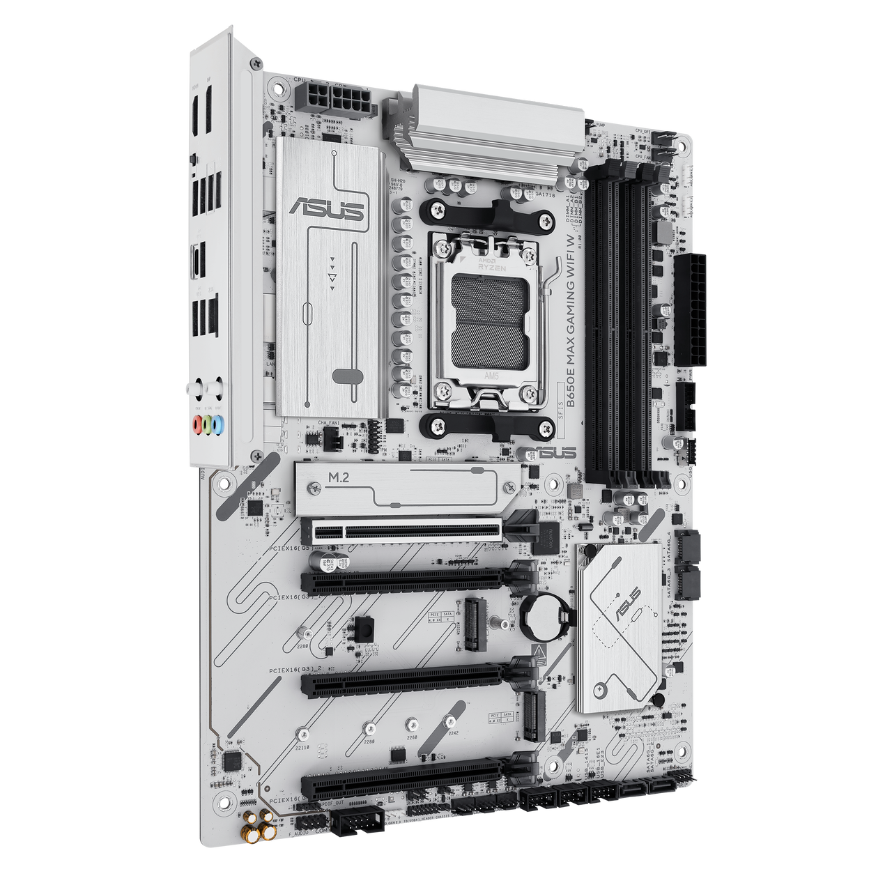Alt view image 4 of 11 - ASUS B650E MAX GAMING WIFI W - AMD B650 AM5 ATX Motherboard, White PCB, DDR5, PCIe 5.0, 3x M.2, Wi-Fi 6E, 2.5Gb LAN, USB 10Gbps Type-C, DisplayPort, HDMI, BIOS FlashBack, Aura Sync, Advanced AI PC