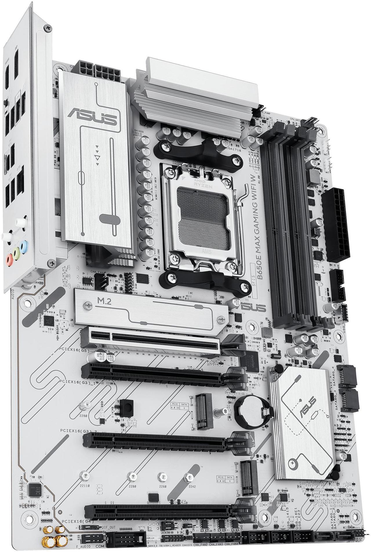 Alt view image 5 of 11 - ASUS B650E MAX GAMING WIFI W - AMD B650 AM5 ATX Motherboard, White PCB, DDR5, PCIe 5.0, 3x M.2, Wi-Fi 6E, 2.5Gb LAN, USB 10Gbps Type-C, DisplayPort, HDMI, BIOS FlashBack, Aura Sync, Advanced AI PC