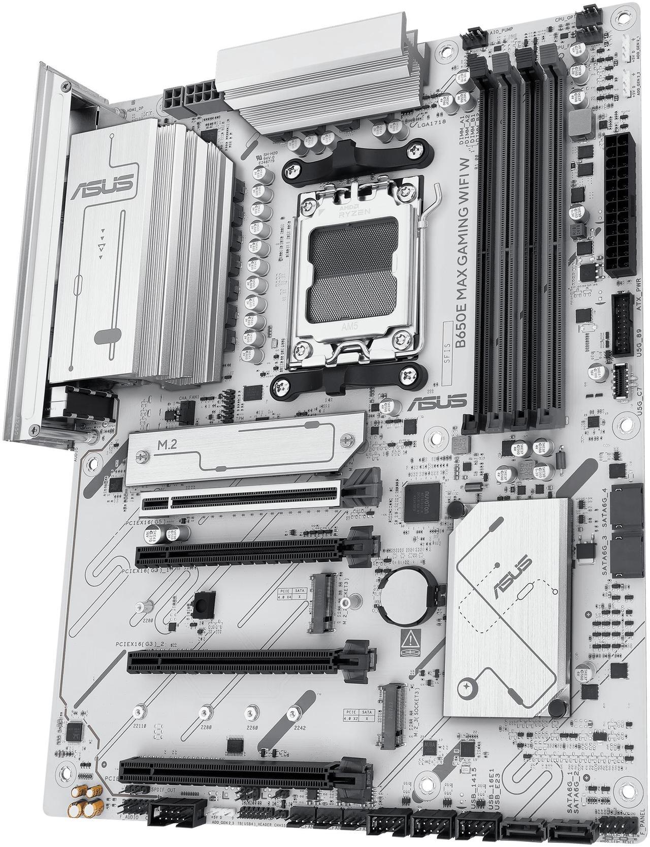 Alt view image 6 of 11 - ASUS B650E MAX GAMING WIFI W - AMD B650 AM5 ATX Motherboard, White PCB, DDR5, PCIe 5.0, 3x M.2, Wi-Fi 6E, 2.5Gb LAN, USB 10Gbps Type-C, DisplayPort, HDMI, BIOS FlashBack, Aura Sync, Advanced AI PC