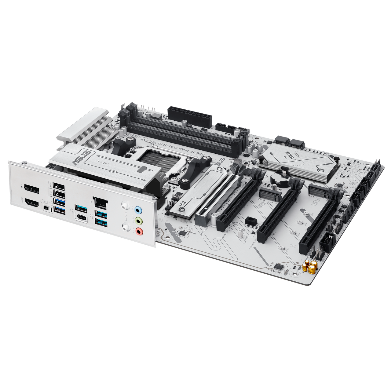 Alt view image 10 of 11 - ASUS B650E MAX GAMING WIFI W - AMD B650 AM5 ATX Motherboard, White PCB, DDR5, PCIe 5.0, 3x M.2, Wi-Fi 6E, 2.5Gb LAN, USB 10Gbps Type-C, DisplayPort, HDMI, BIOS FlashBack, Aura Sync, Advanced AI PC