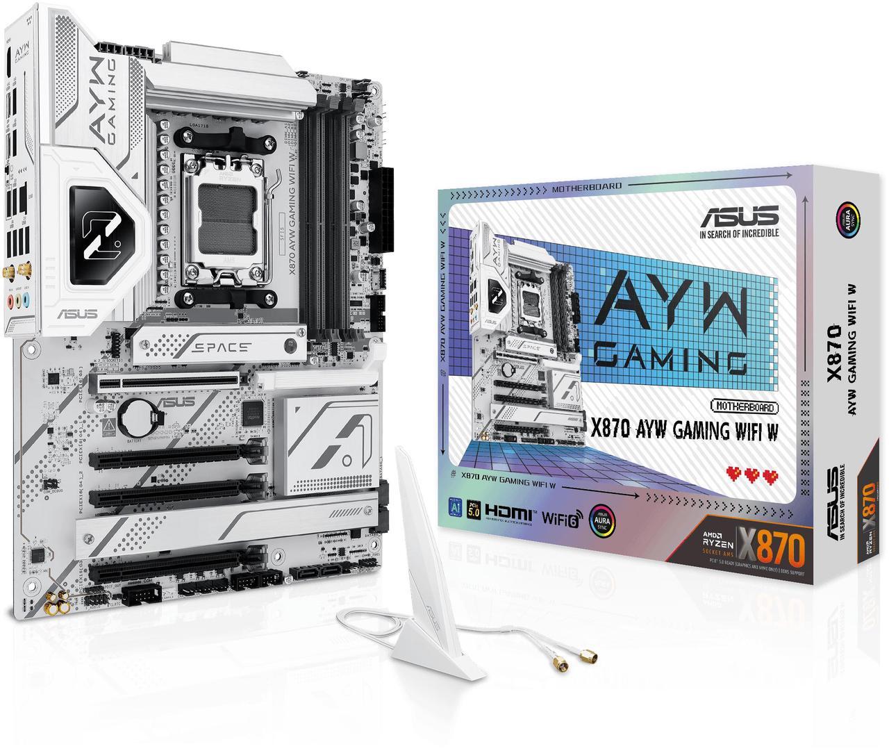 Main image of ASUS X870 AYW GAMING WIFI W AMD X870 AM5 ATX motherboard, 12+2+1 80A DrMOS power stages, DDR5, PCIe 5.0 Ready, PCIe 5.0 x16, 3x M.2, Wi-Fi 6, 2.5Gb LAN, HDMI, USB4, USB 20Gbps Type-C, Aura Sync