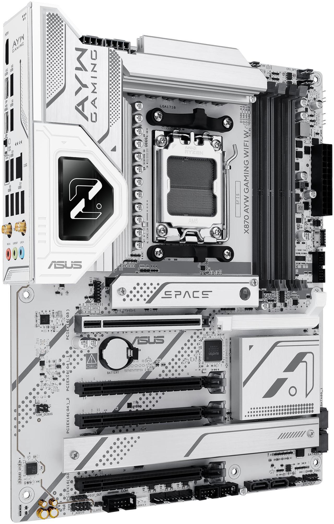 Alt view image 4 of 11 - ASUS X870 AYW GAMING WIFI W AMD X870 AM5 ATX motherboard, 12+2+1 80A DrMOS power stages, DDR5, PCIe 5.0 Ready, PCIe 5.0 x16, 3x M.2, Wi-Fi 6, 2.5Gb LAN, HDMI, USB4, USB 20Gbps Type-C, Aura Sync