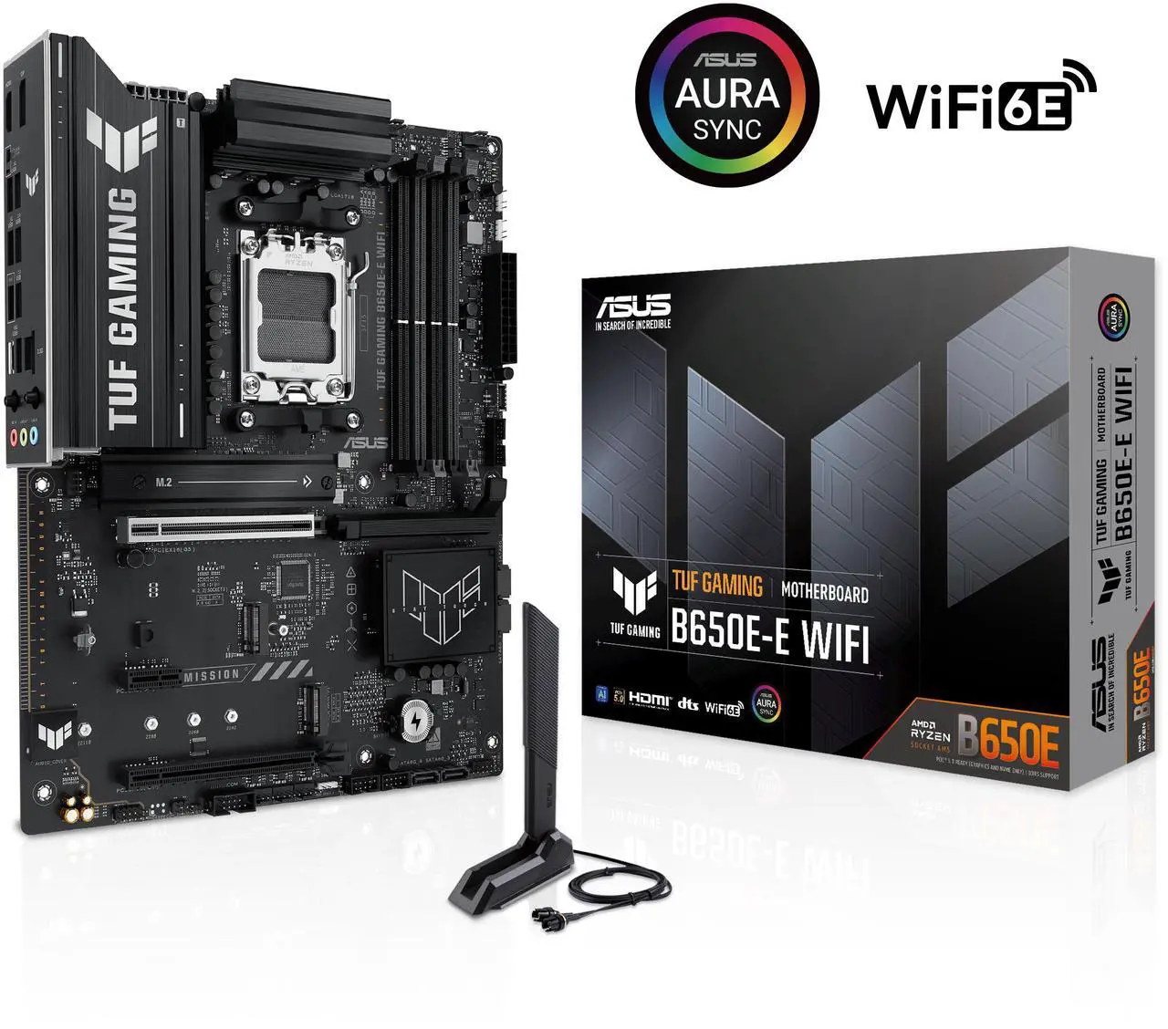 Main image of ASUS TUF GAMING B650E-E WIFI AMD AM5 B650 ATX motherboard, 8+2+1 80A DrMOS stage, DDR5, PCIe 5.0 Ready, 3x M.2, Wi-Fi 6E, 2.5 Gb LAN, DisplayPort, HDMI, USB 20Gbps Type-C, BIOS FlashBack, Aura Sync