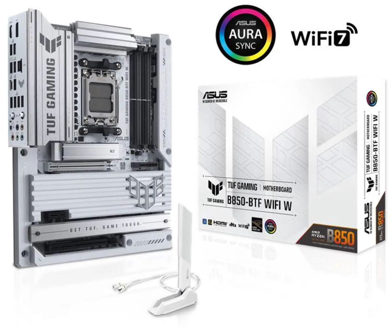 Main image of ASUS TUF GAMING B850-BTF WIFI W AMD B850 ATX motherboard, hidden-connector design, 14+2+1 80A DrMOS power stages, DDR5, PCIe 5.0 Ready, 3x M.2, Wi-Fi 7, 2.5Gb LAN, DP, HDMI, USB 20Gbps Type-C