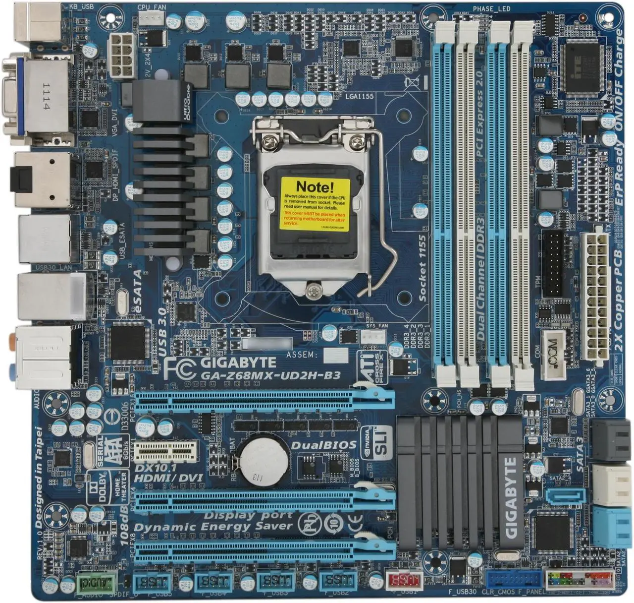 Alt view image 3 of 5 - GIGABYTE GA-Z68MX-UD2H-B3 LGA 1155 Intel Z68 HDMI USB 3.0 Micro ATX Intel Motherboard