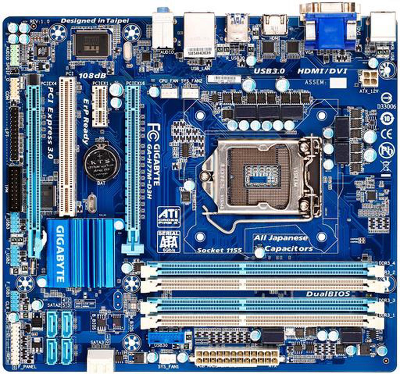 Main image of GIGABYTE GA-H77M-D3H LGA 1155 Intel H77 HDMI USB 3.0 Micro ATX Intel Motherboard
