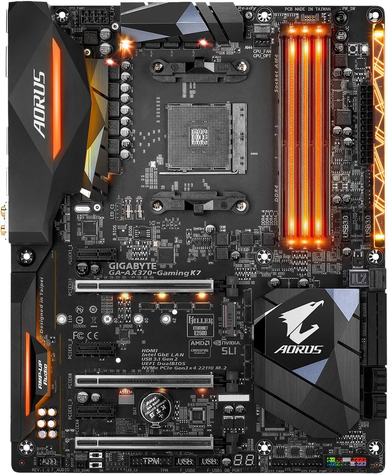 Main image of GIGABYTE AORUS GA-AX370-Gaming K7 (rev. 1.0) AM4 AMD X370 USB 3.1 HDMI ATX AMD Motherboard