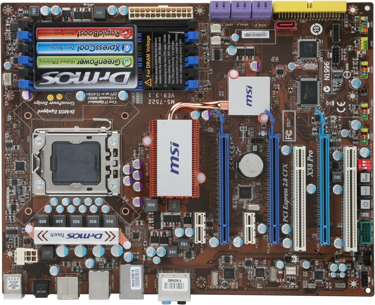 Alt view image 3 of 5 - MSI X58 Pro LGA 1366 Intel X58 ATX Intel Motherboard