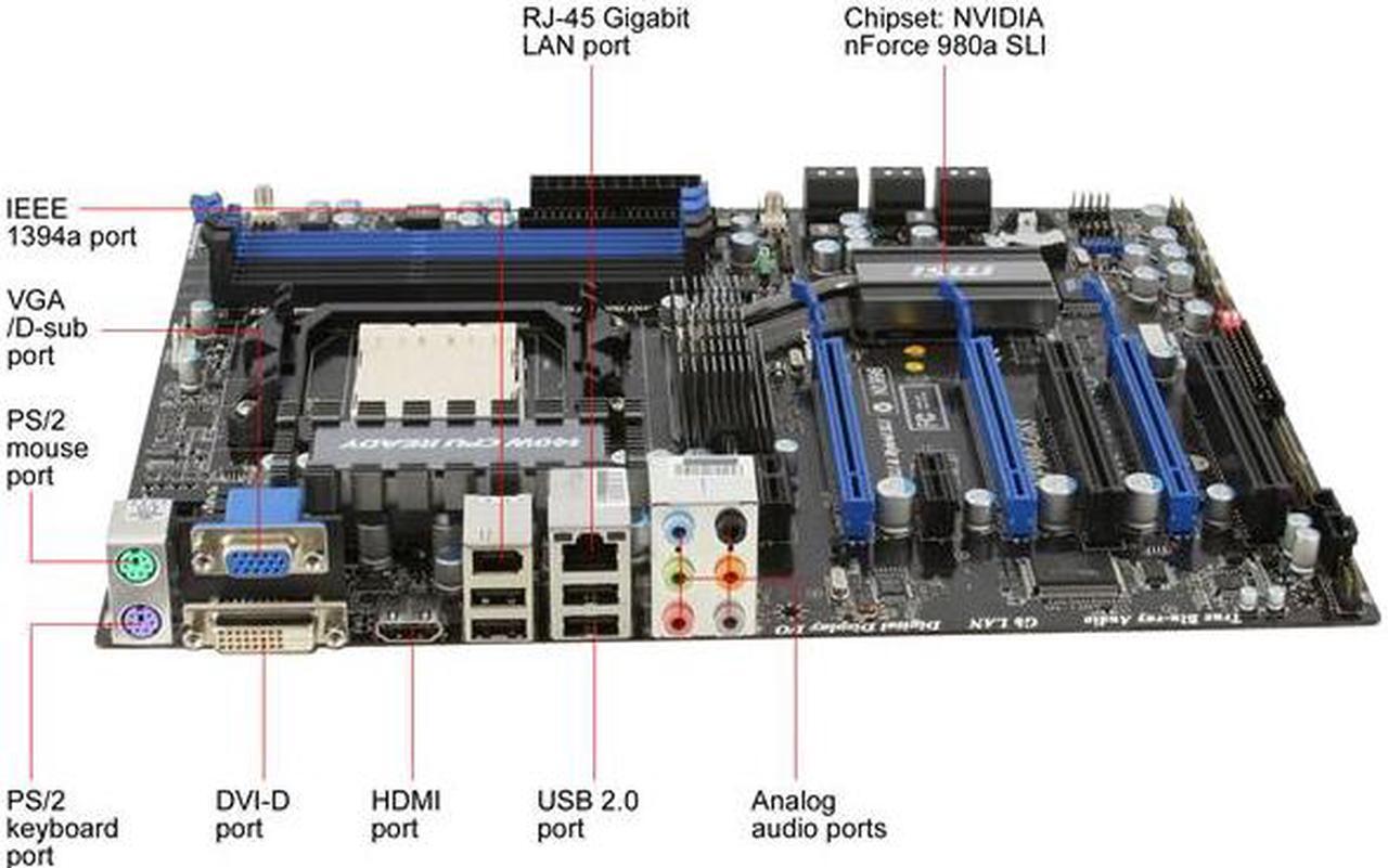 Alt view image 8 of 11 - MSI NF980-G65 AM3 NVIDIA nForce 980a SLI HDMI ATX AMD Motherboard