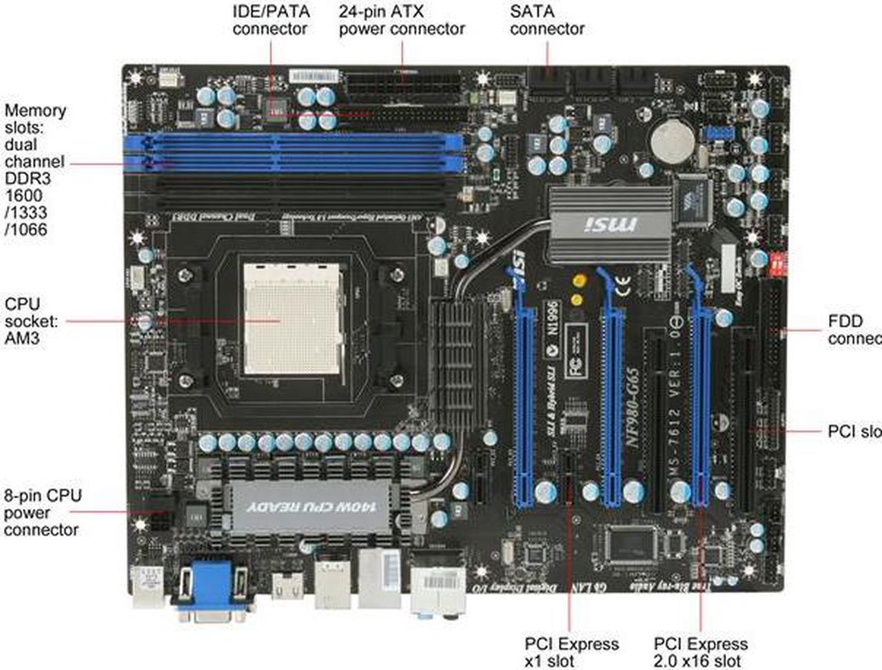 Alt view image 9 of 11 - MSI NF980-G65 AM3 NVIDIA nForce 980a SLI HDMI ATX AMD Motherboard