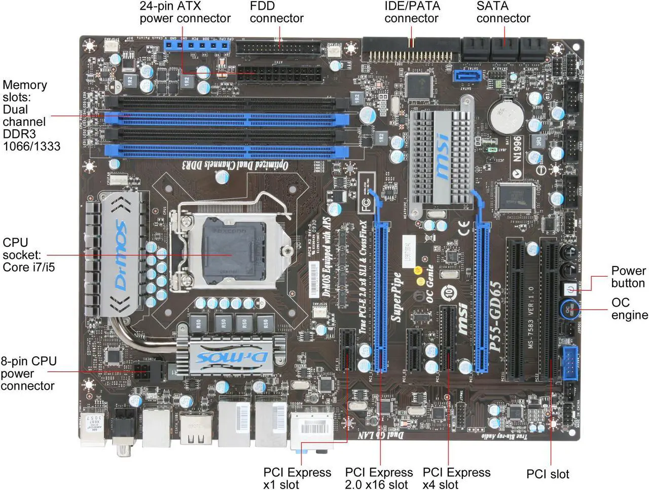 Alt view image 9 of 11 - MSI P55-GD65 LGA 1156 Intel P55 ATX Intel Motherboard