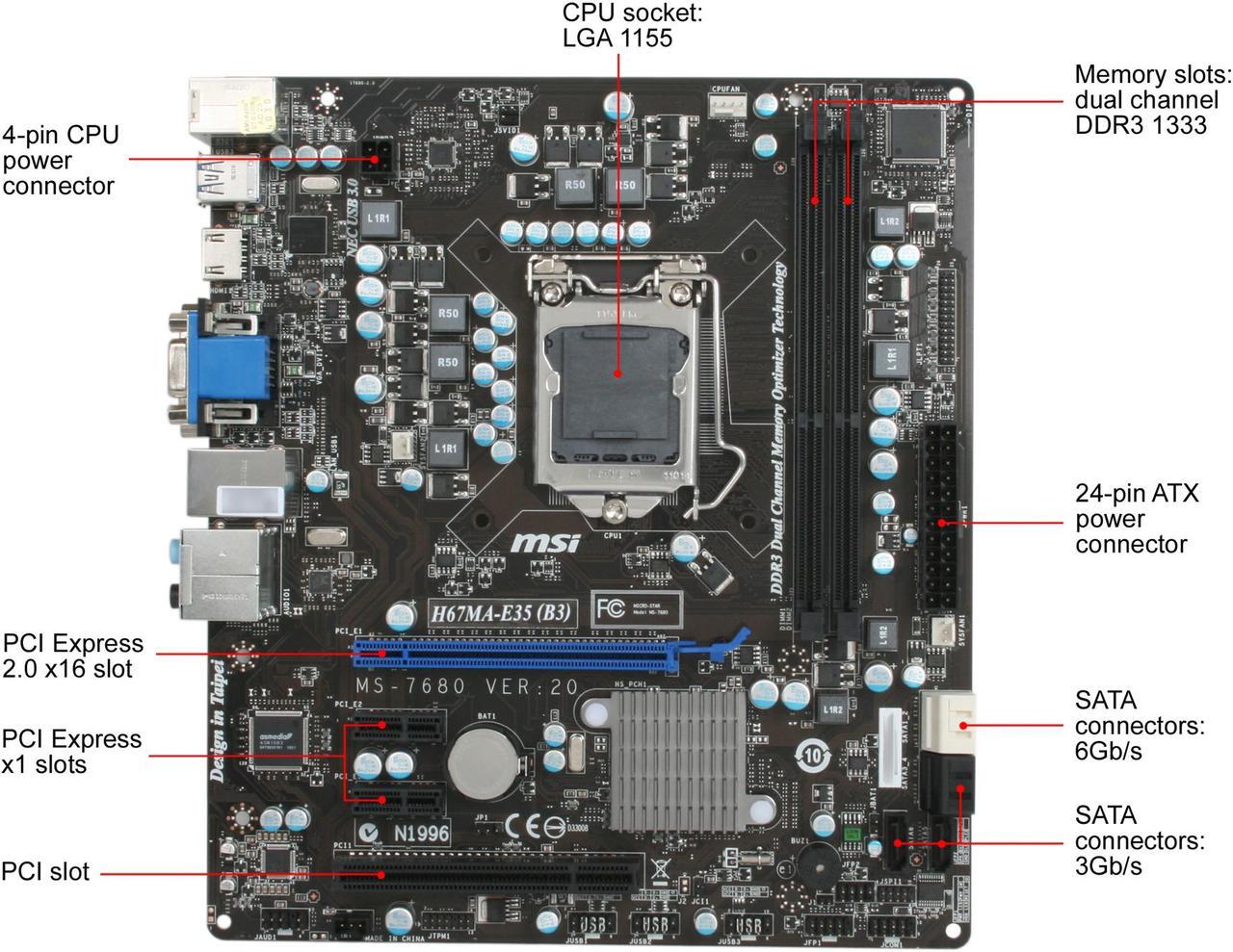 Alt view image 3 of 5 - MSI H67MA-E35 (B3) LGA 1155 Intel H67 HDMI SATA 6Gb/s USB 3.0 Micro ATX Intel Motherboard