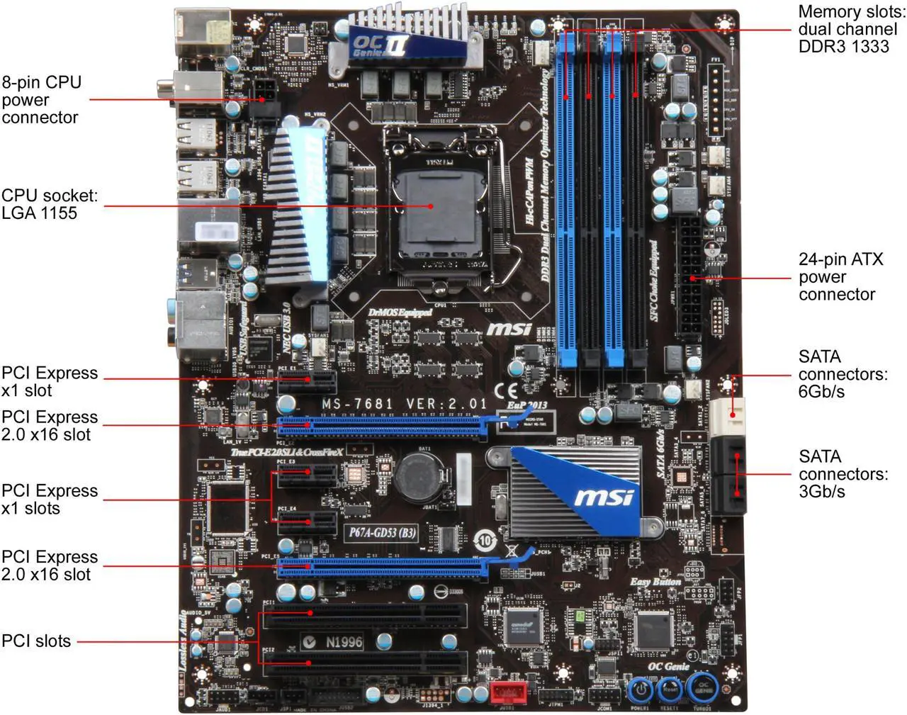 Alt view image 3 of 5 - MSI P67A-GD53 (B3) LGA 1155 Intel P67 USB 3.0 ATX Intel Motherboard with UEFI BIOS