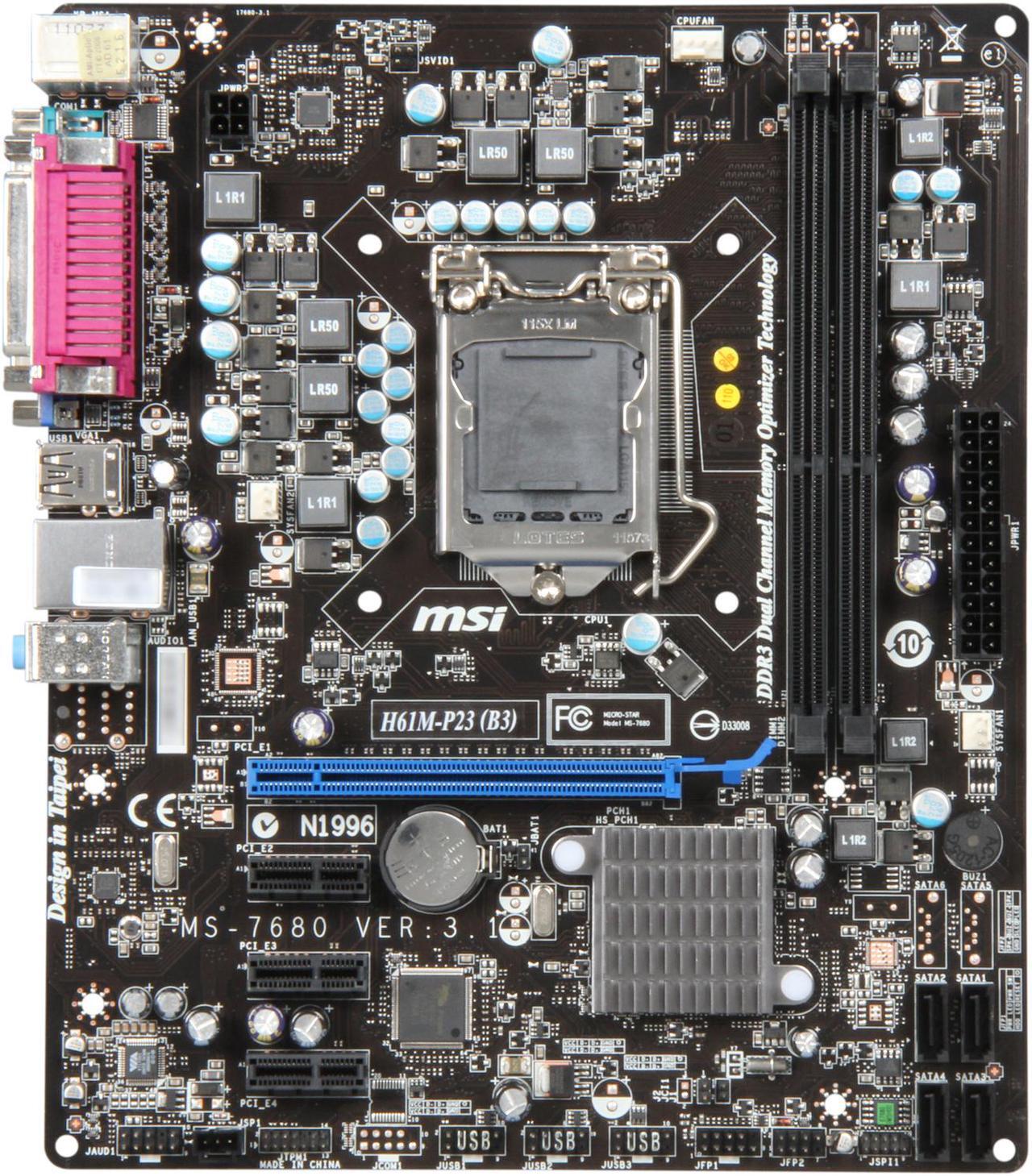 Alt view image 3 of 5 - MSI H61M-P23 (B3) LGA 1155 Intel H61 Micro ATX Intel Motherboard