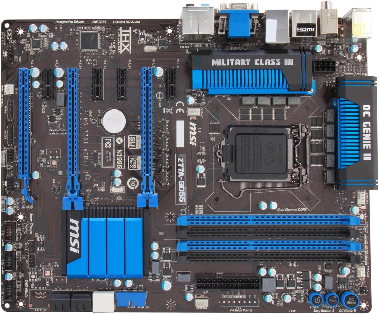 Alt view image 3 of 5 - MSI Z77A-GD55 LGA 1155 Intel Z77 HDMI SATA 6Gb/s USB 3.0 ATX Intel Motherboard with UEFI BIOS