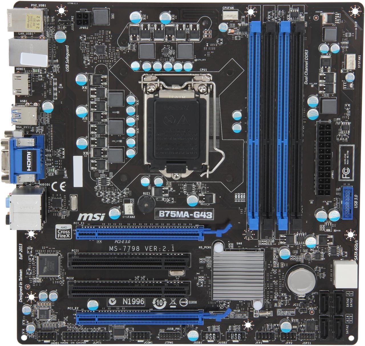 Alt view image 3 of 5 - MSI B75MA-G43 LGA 1155 Intel B75 HDMI USB 3.0 Micro ATX Intel Motherboard with UEFI BIOS