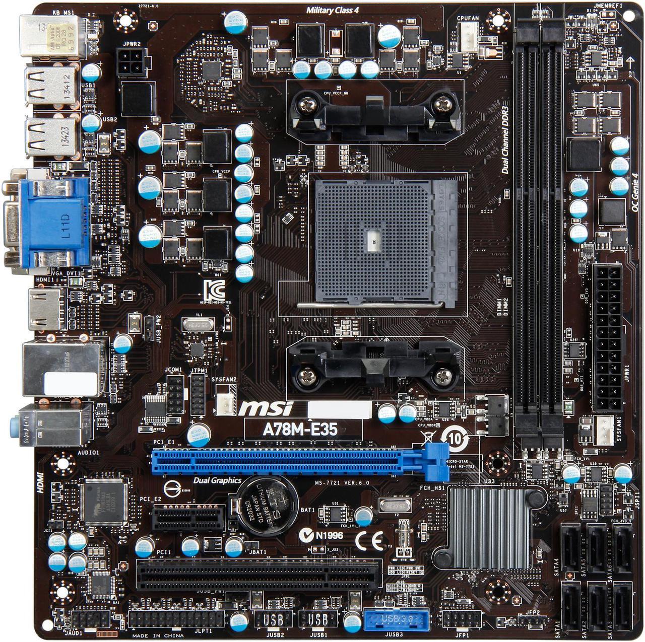 Alt view image 4 of 5 - MSI A78M-E35 FM2+ / FM2 AMD A78 (Bolton D3) SATA 6Gb/s USB 3.0 HDMI Micro ATX AMD Motherboard