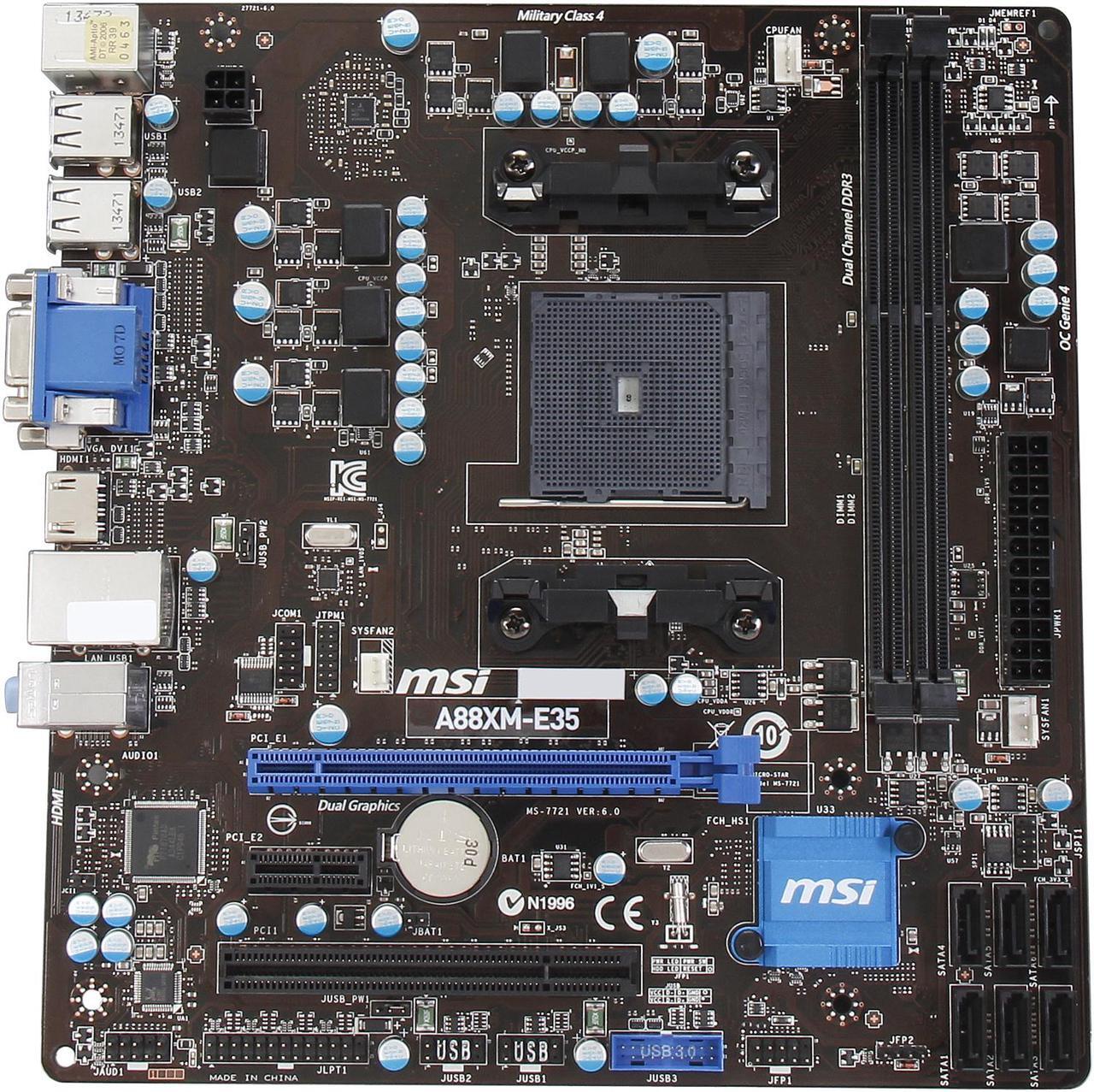 Alt view image 3 of 5 - MSI A88XM-E35 FM2+ / FM2 AMD A88X (Bolton D4) SATA 6Gb/s USB 3.0 HDMI Micro ATX AMD Motherboard