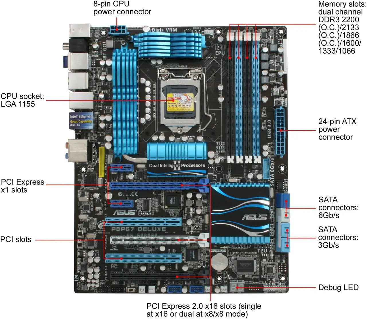 Alt view image 3 of 5 - ASUS P8P67 DELUXE (REV 3.0) LGA 1155 Intel P67 USB 3.0 ATX Intel Motherboard with UEFI BIOS