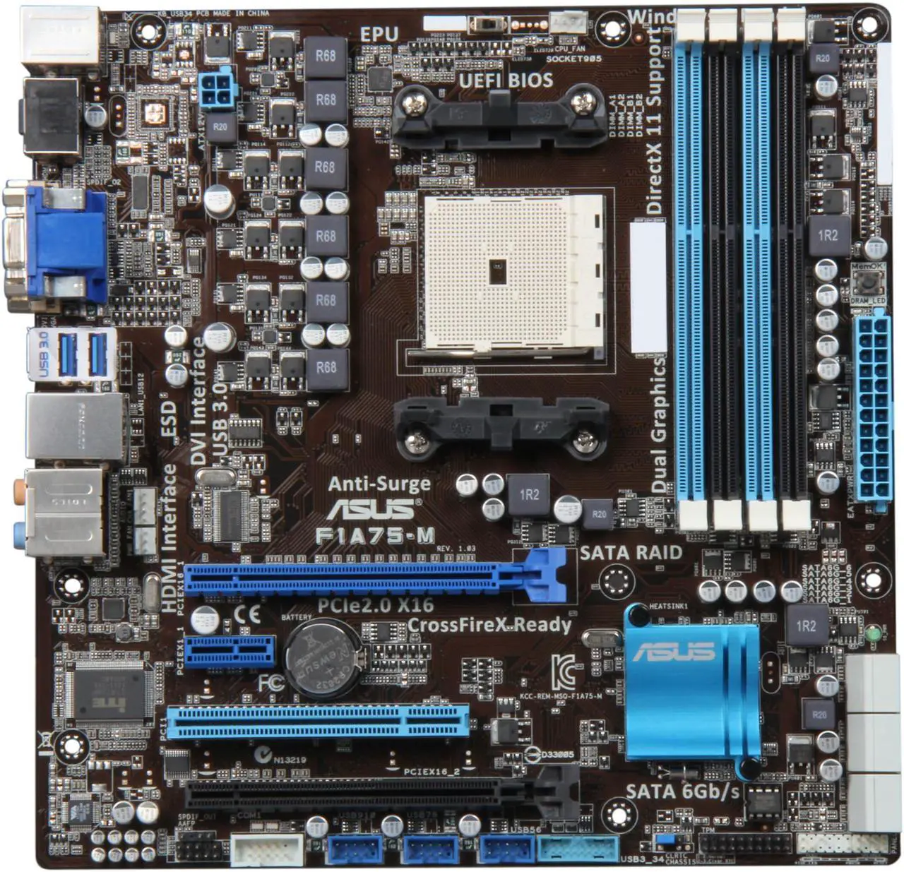 Alt view image 3 of 5 - ASUS F1A75-M FM1 AMD A75 (Hudson D3) USB 3.0 HDMI Micro ATX AMD Motherboard with UEFI BIOS