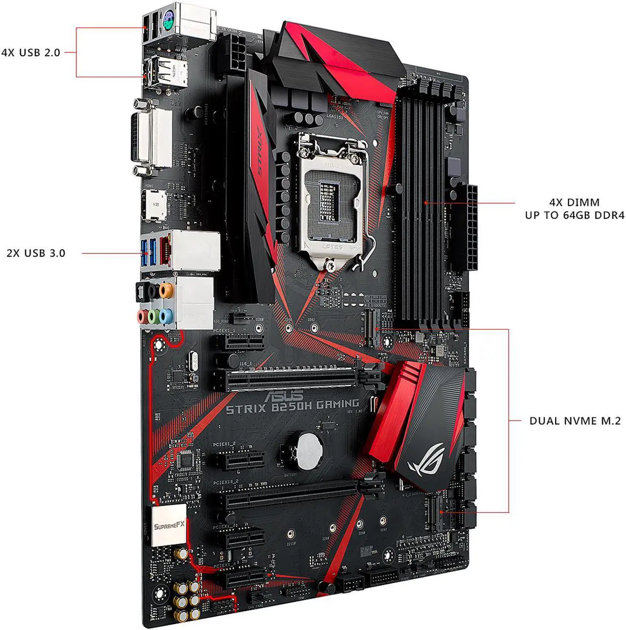 Alt view image 3 of 7 - ASUS ROG STRIX B250H GAMING LGA1151 DDR4 HDMI DVI M.2 B250 ATX Motherboard with USB 3.1