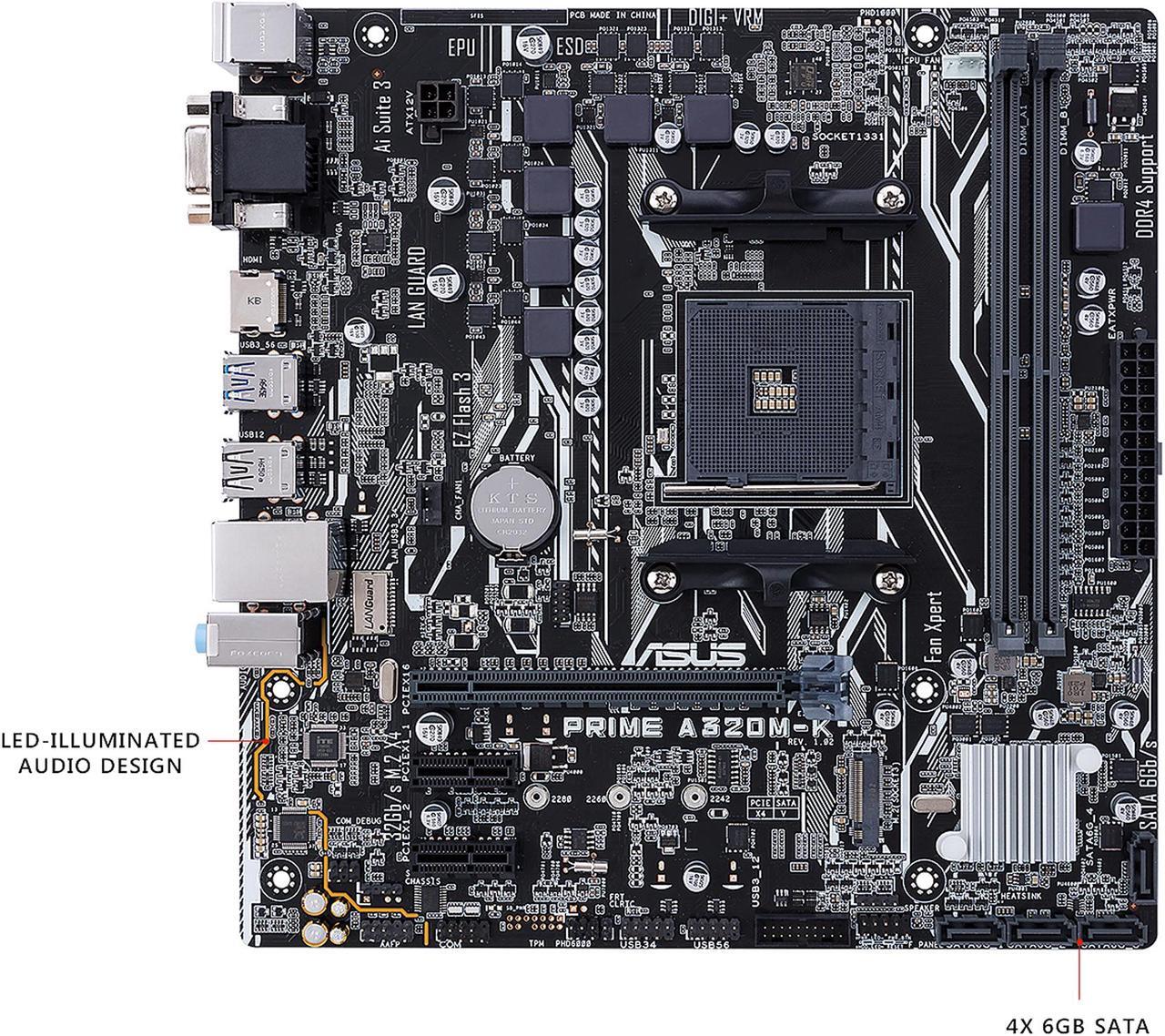 Alt view image 2 of 7 - ASUS Prime A320M-K AMD Ryzen AM4 DDR4 HDMI VGA M.2 Micro-ATX A320 Motherboard