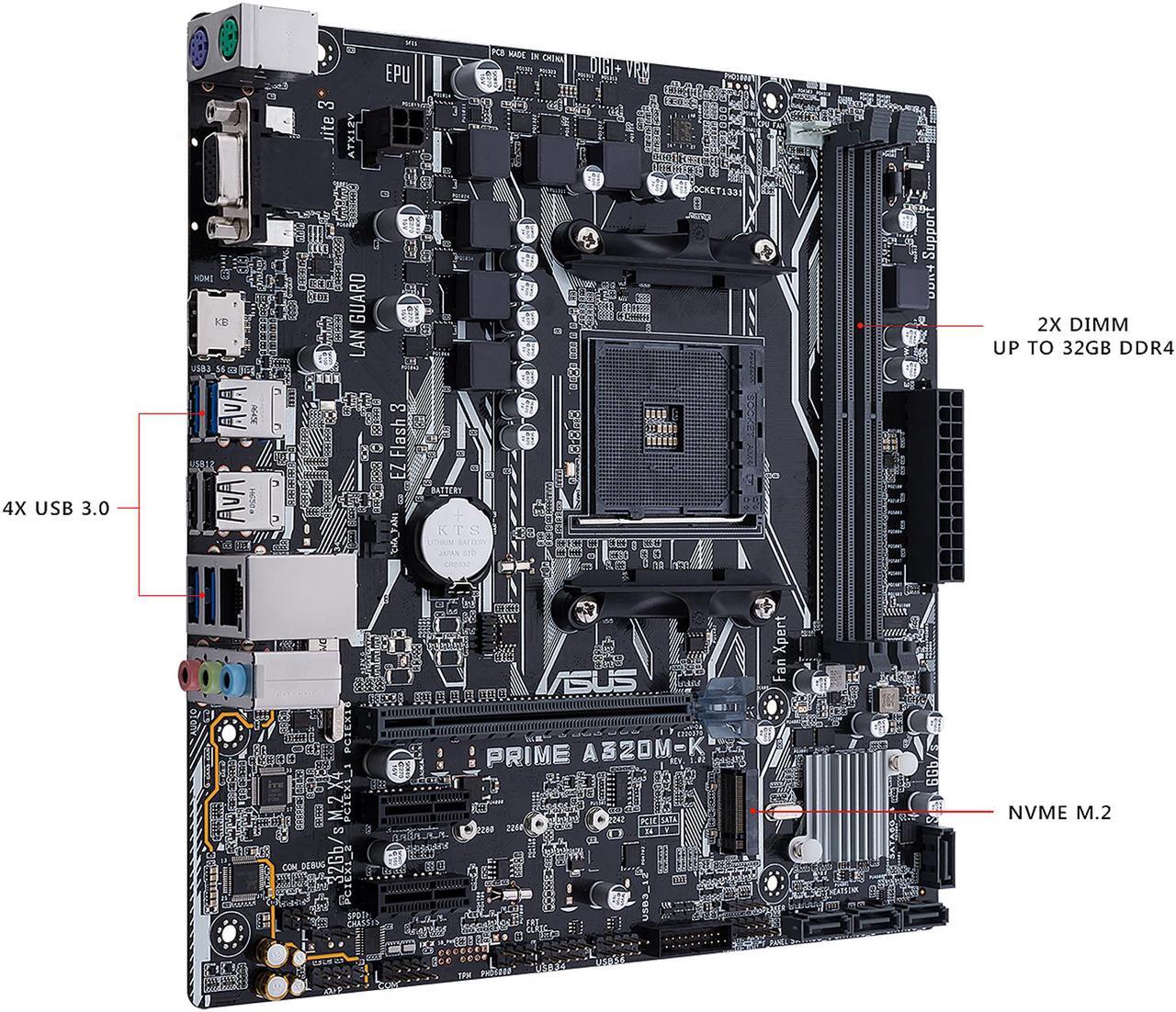 Alt view image 3 of 7 - ASUS Prime A320M-K AMD Ryzen AM4 DDR4 HDMI VGA M.2 Micro-ATX A320 Motherboard
