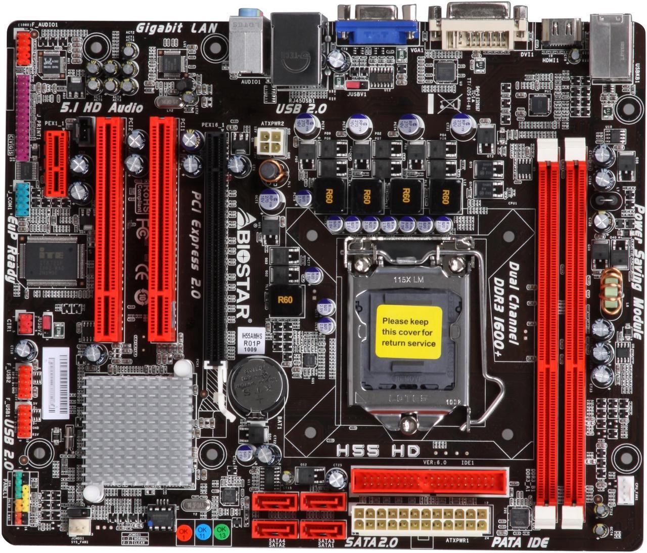 Alt view image 3 of 5 - BIOSTAR H55 HD LGA 1156 Intel H55 HDMI Micro ATX Intel Motherboard