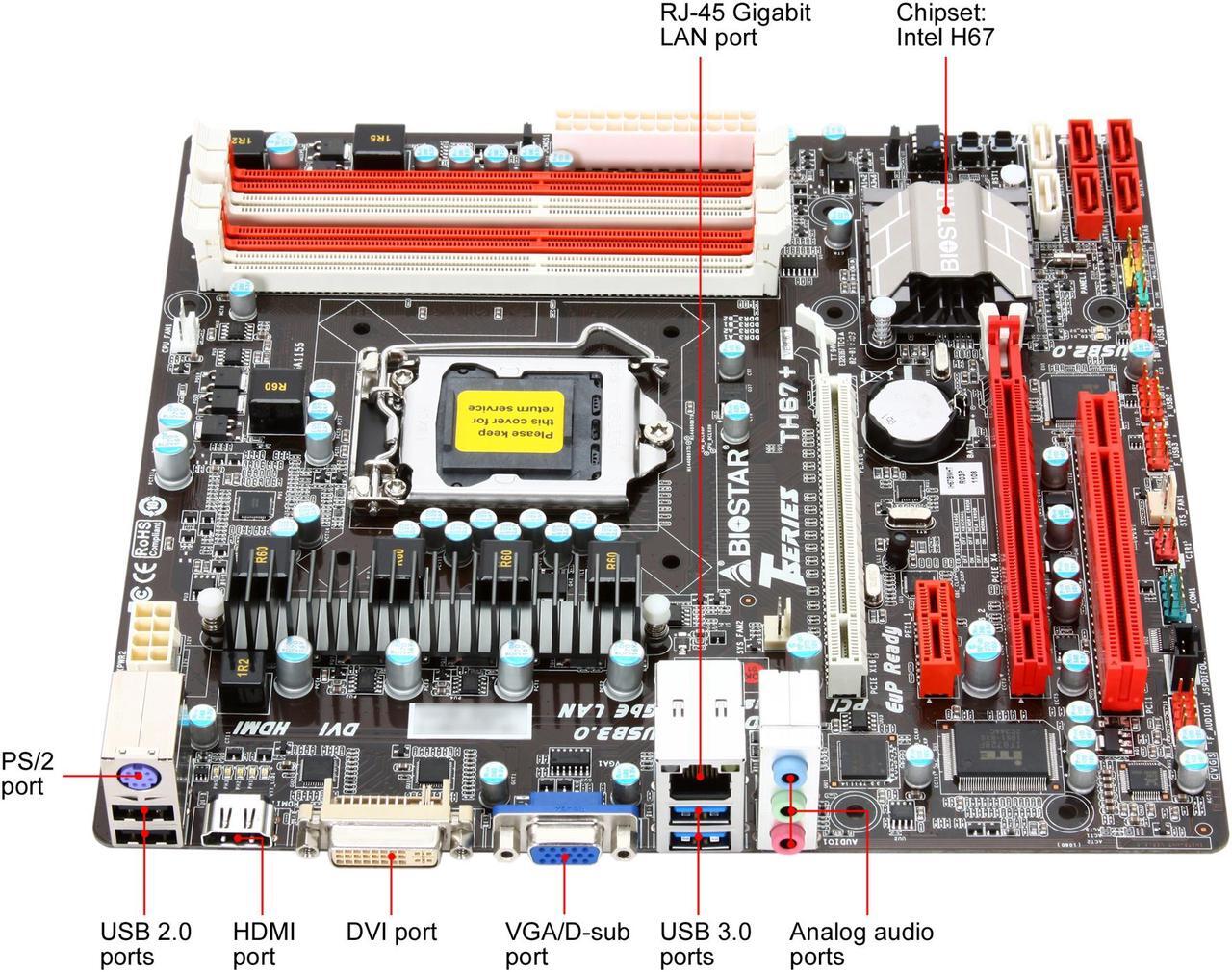 Alt view image 2 of 5 - BIOSTAR TH67+ LGA 1155 Intel H67 HDMI USB 3.0 Micro ATX Intel Motherboard