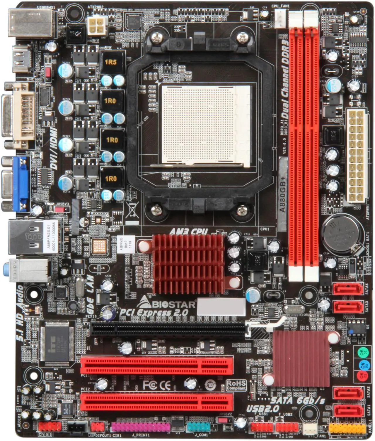 Alt view image 3 of 5 - BIOSTAR A880GB+ AM3 AMD 880G HDMI Micro ATX AMD Motherboard