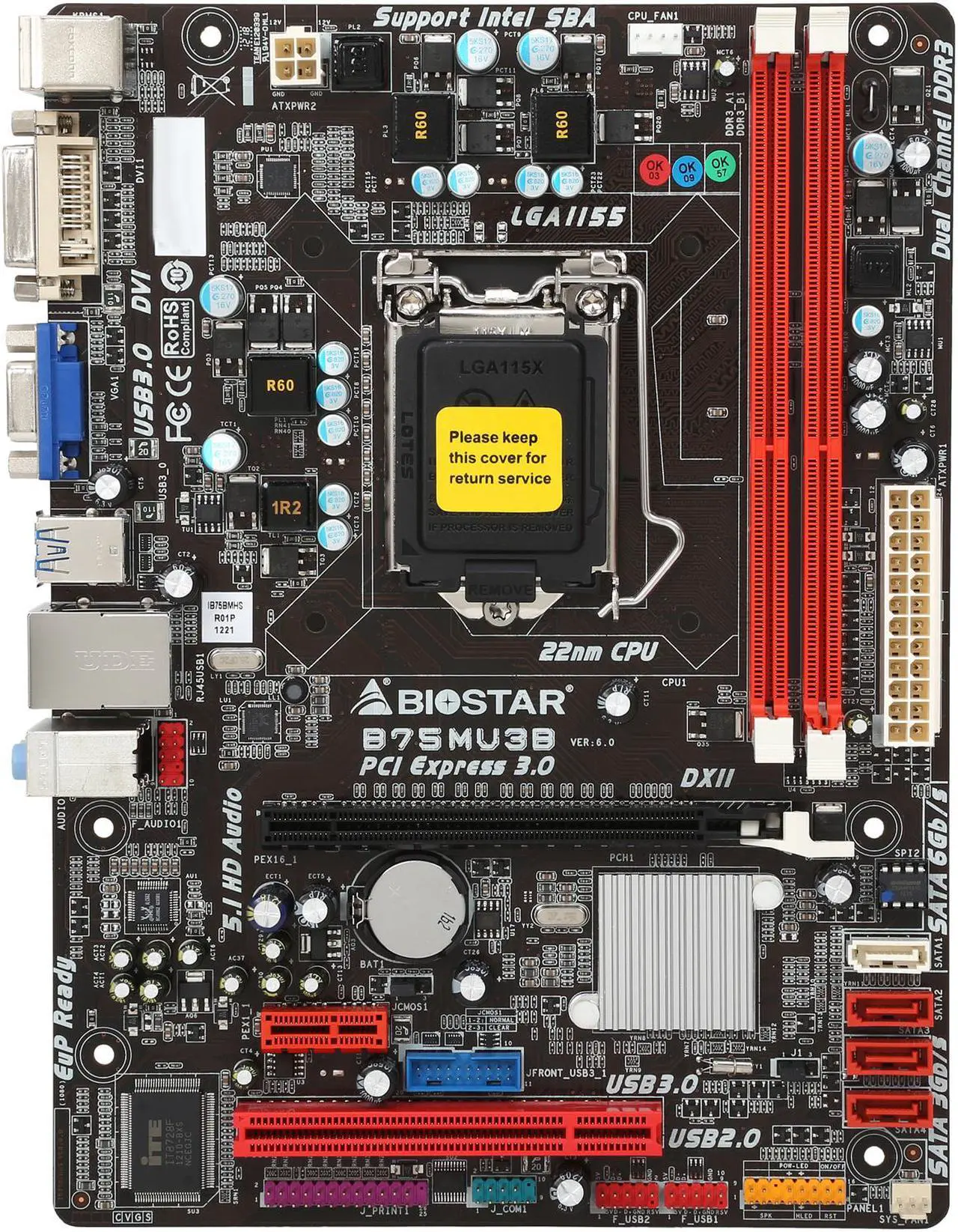 Alt view image 3 of 5 - BIOSTAR B75MU3B LGA 1155 Intel B75 USB 3.0 Micro ATX Intel Motherboard