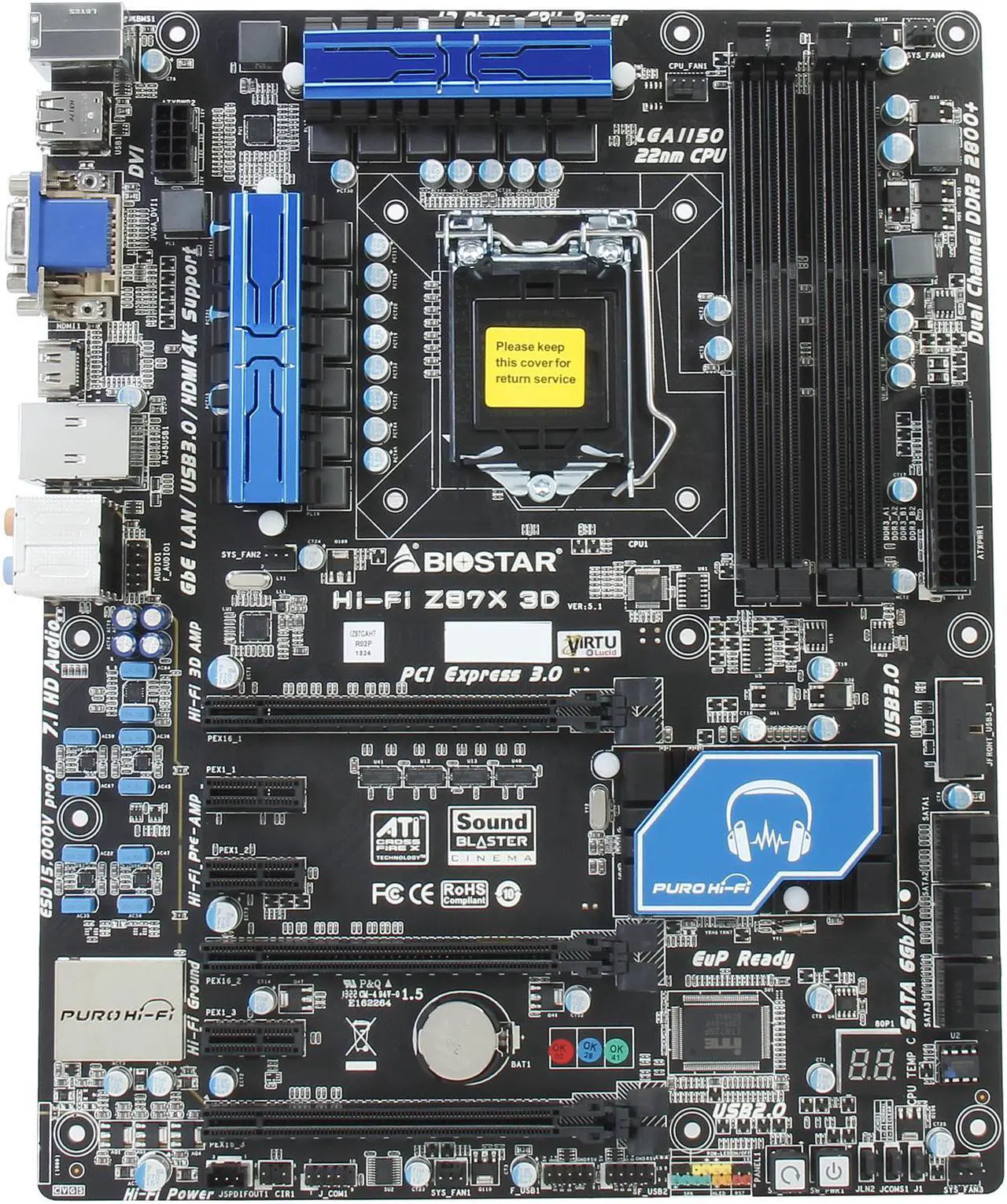 Alt view image 3 of 5 - BIOSTAR Hi-Fi Z87X 3D LGA 1150 Intel Z87 HDMI USB 3.0 ATX Intel Motherboard