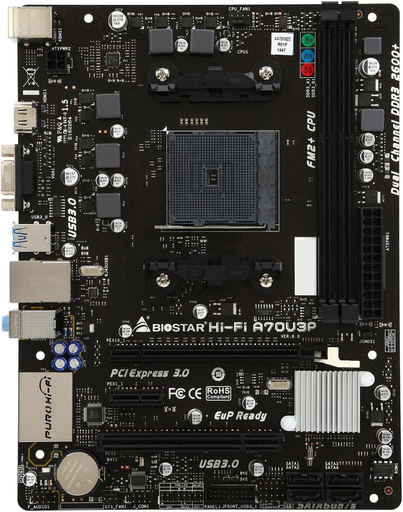 Alt view image 4 of 5 - BIOSTAR Hi-Fi A70U3P FM2+ / FM2 AMD A70M SATA 6Gb/s USB 3.0 HDMI Micro ATX AMD Motherboard
