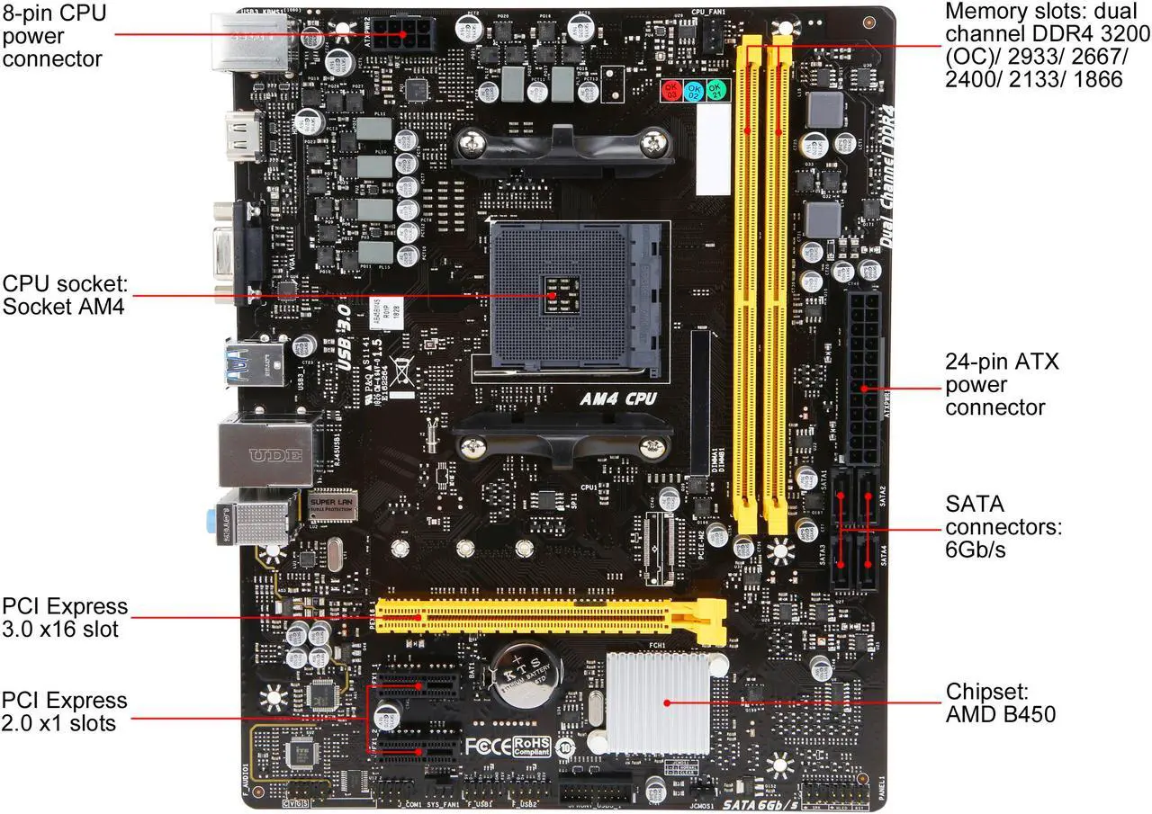 Alt view image 4 of 6 - BIOSTAR B450MHC AM4 AMD B450 USB 3.1 HDMI Micro ATX AMD Motherboard