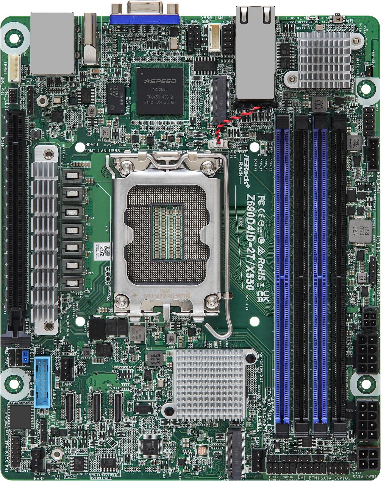 Main image of AsRock Rack Z690D4ID-2T/G5/X550 Deep Mini-ITX Server Motherboard Single Socket 12th & 13th Gen Intel® Core™, Pentium® and Celeron® series processors (LGA 1700) Z690 Dual 10G Lan PCIe 5.0