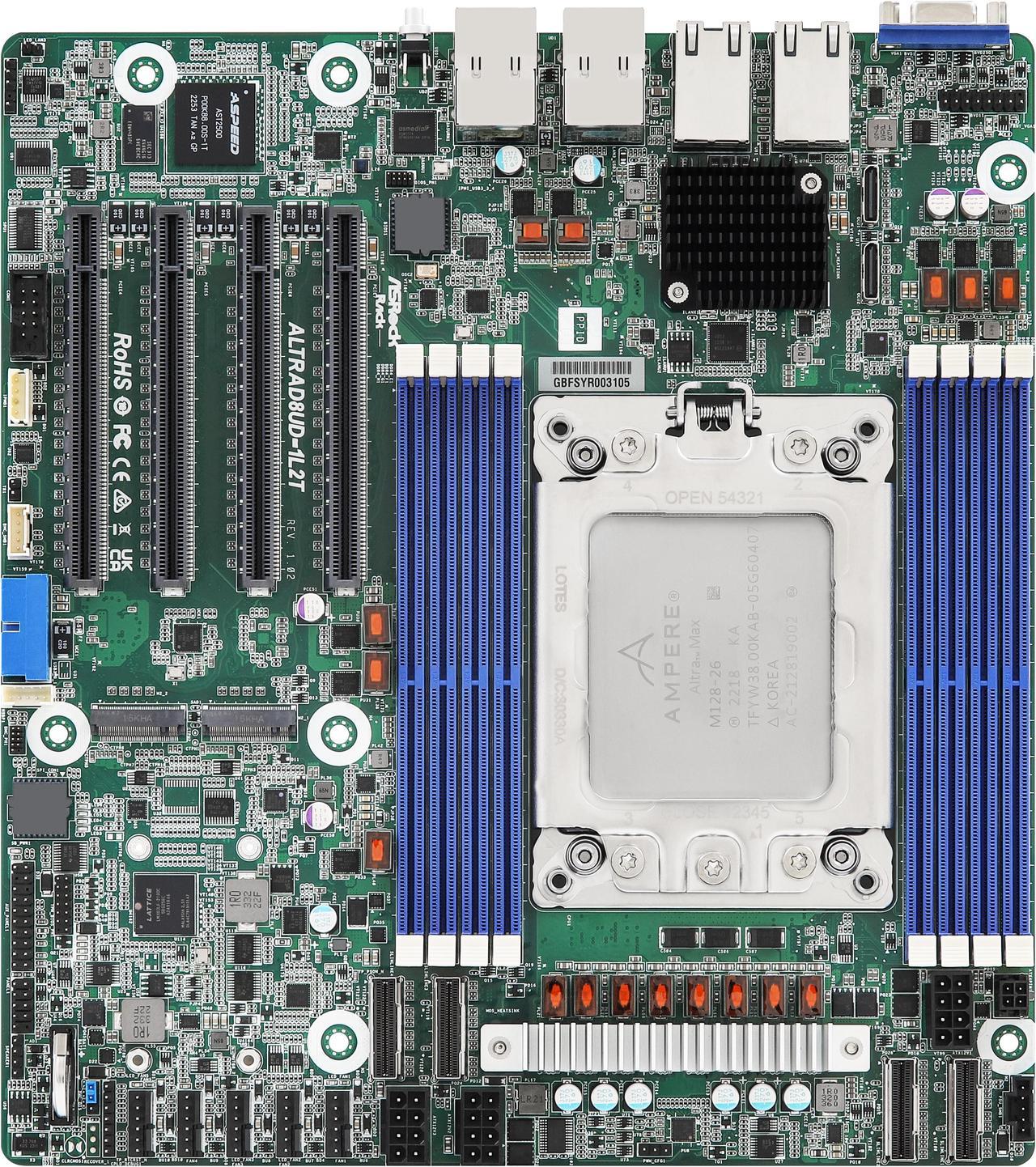 Main image of Asrock Rack Ampere Altra Bundle ALTRAD8UD-1L2T Deep Micro-ATX Server Motherboard Single Socket (LGA 4926) with Ampere Altra M128-26 128 cores & 2U passive cooler, Dual 10G - Integrated by Asrock Rack