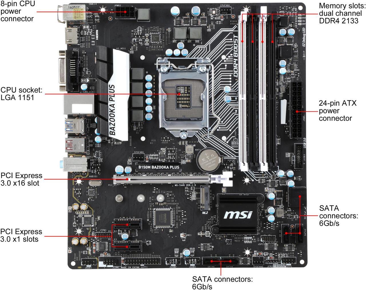 Alt view image 3 of 5 - MSI B150M BAZOOKA PLUS LGA 1151 Intel B150 HDMI SATA 6Gb/s USB 3.1 Micro ATX Motherboards - Intel