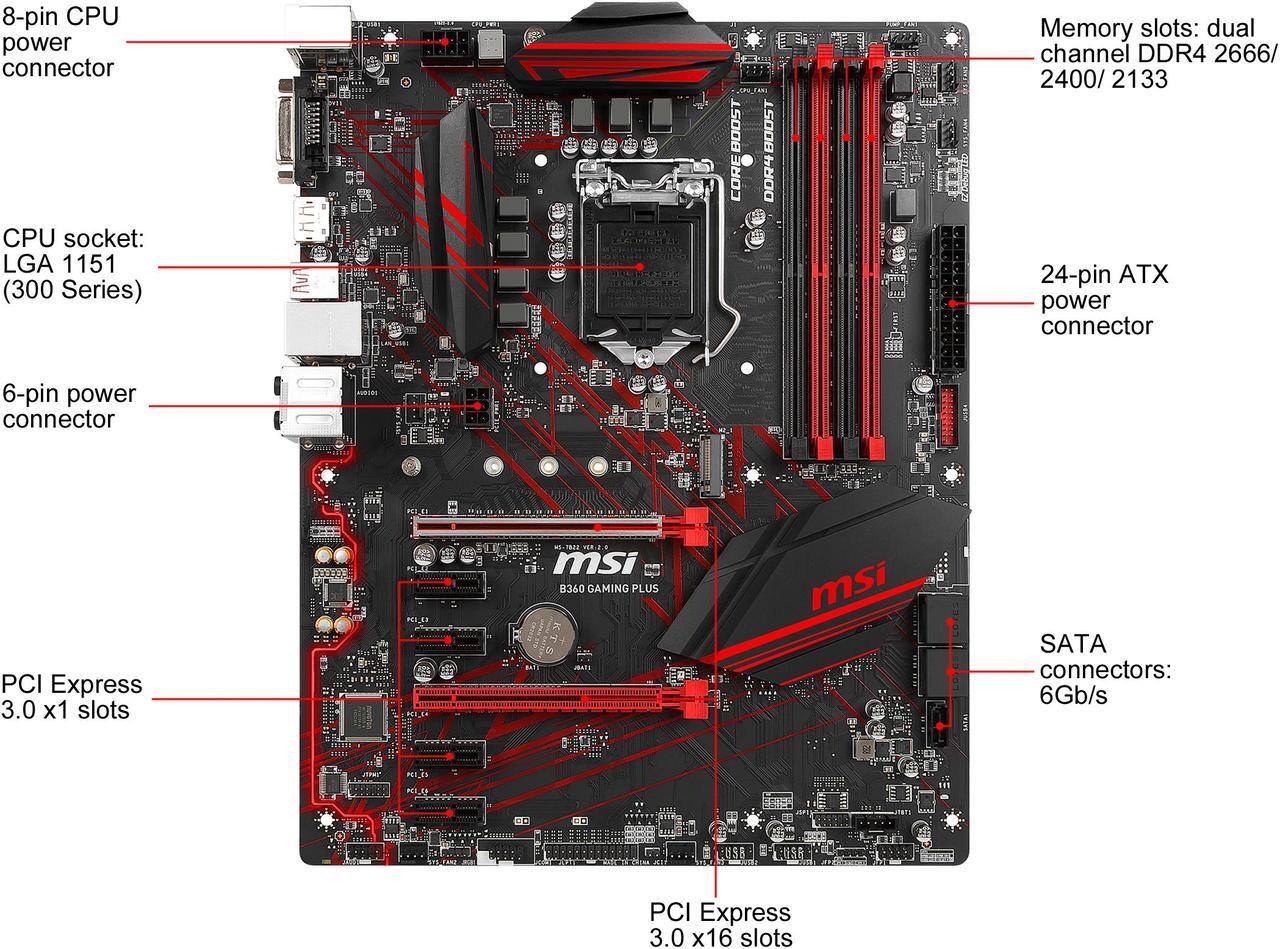 Alt view image 2 of 9 - MSI B360 GAMING PLUS LGA 1151 (300 Series) Intel B360 SATA 6Gb/s USB 3.1 ATX Intel Motherboard