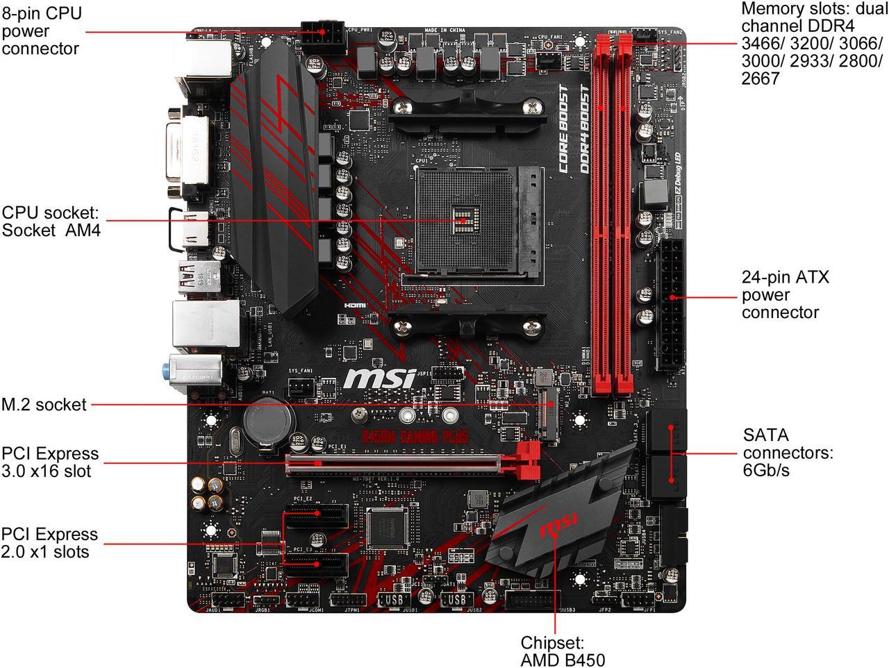 Alt view image 2 of 10 - MSI PERFORMANCE GAMING B450M GAMING PLUS AM4 AMD B450 USB 3.1 HDMI Micro ATX AMD Motherboard