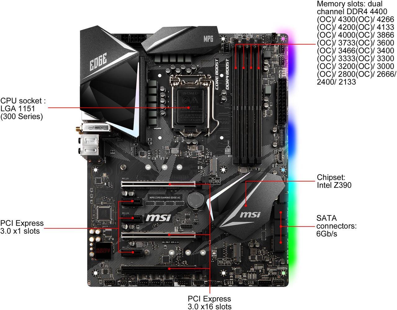 Alt view image 2 of 9 - MSI MPG Z390 GAMING EDGE AC LGA 1151 (300 Series) Intel Z390 SATA 6Gb/s ATX Intel Motherboard