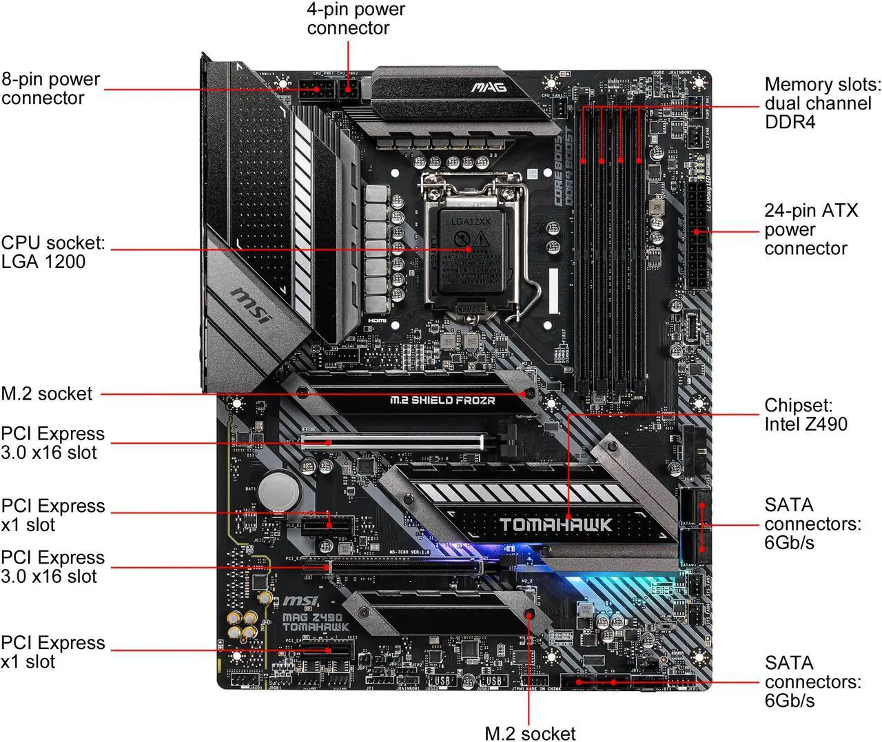 Alt view image 2 of 7 - MSI MAG Z490 TOMAHAWK LGA 1200 Intel Z490 ATX Intel Motherboard