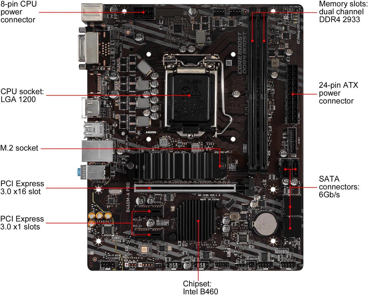 Alt view image 2 of 10 - MSI PRO B460M-A PRO LGA 1200 Intel B460 SATA 6Gb/s Micro ATX Intel Motherboard
