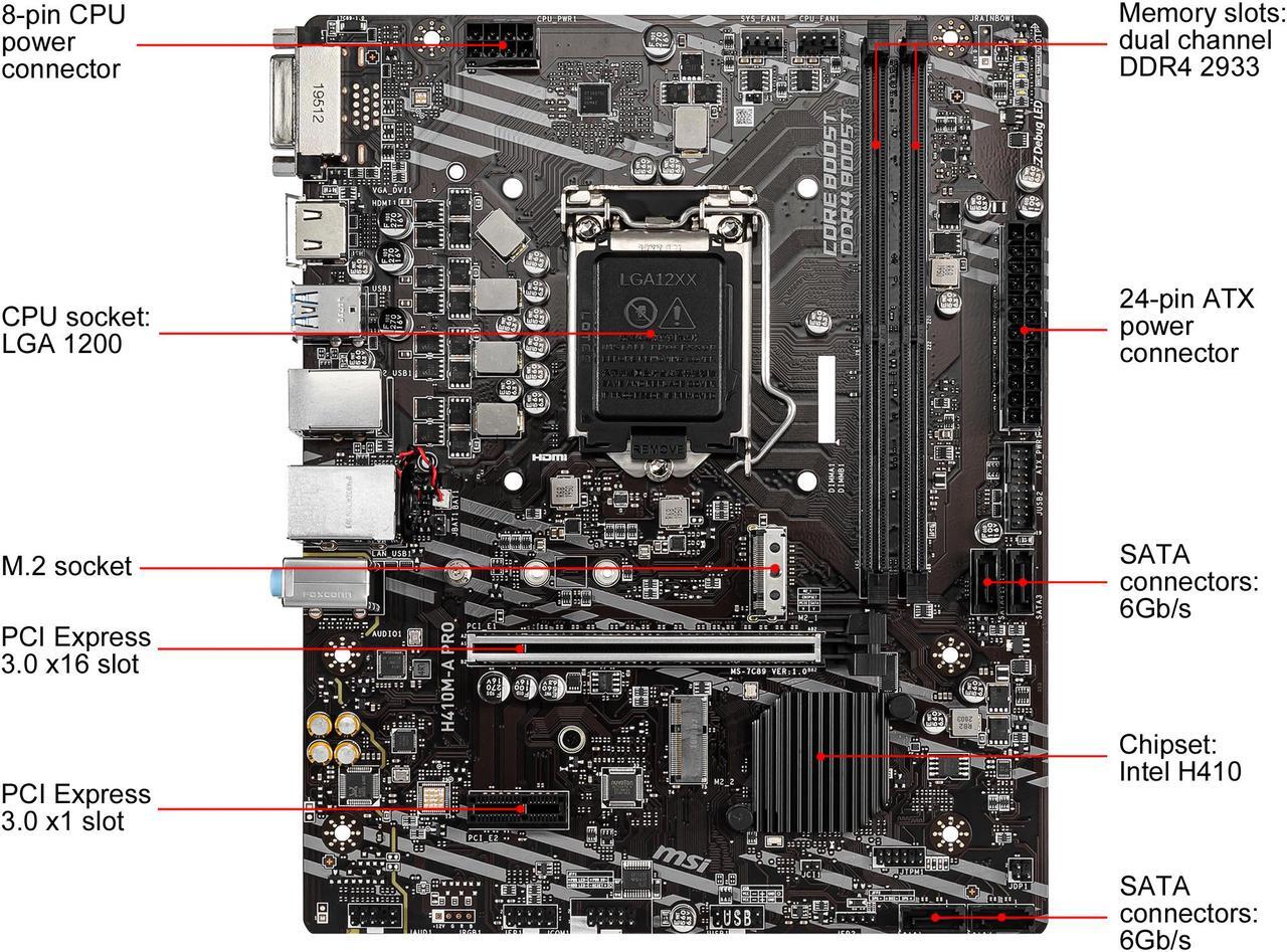 Alt view image 2 of 10 - MSI PRO H410M-A PRO LGA 1200 Intel H410 SATA 6Gb/s Micro ATX Intel Motherboard