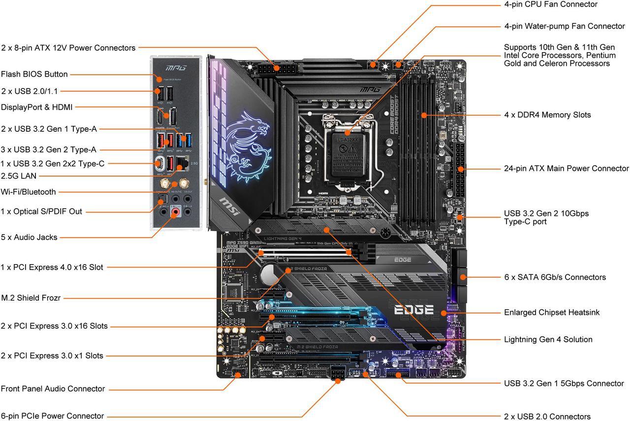 Alt view image 2 of 8 - MSI MPG Z590 GAMING EDGE WIFI LGA 1200 Intel Z590 ATX Intel Motherboard