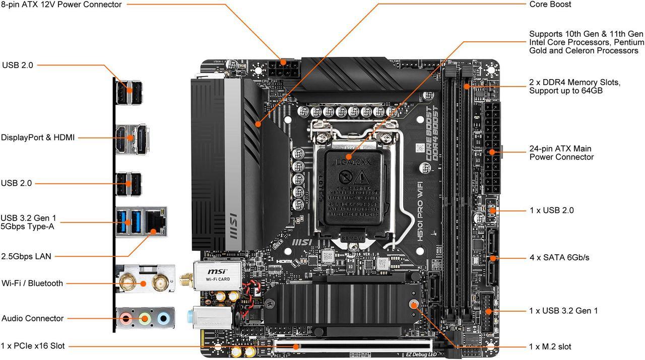 Alt view image 2 of 9 - MSI H510I PRO WIFI LGA 1200 Intel H510 Mini ITX Intel Motherboard